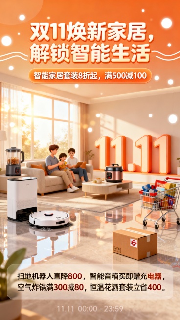 卡通3D风格双11促销海报，主标题：双 11 焕新家居，解锁智能生活
副标题：智能家居套装 8 折起，满 500 减 100
文案信息：扫地机器人直降 800，智能音箱买即赠充电器，空气炸锅满 300预览效果