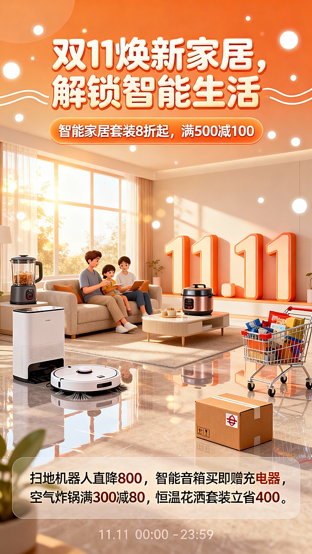 3D风轻拟物设计，融合科技感与温馨家居场景，极繁主义元素点缀，营造舒适智能生活氛围，双11促销信息突出，塑料风质感强化视觉冲击。