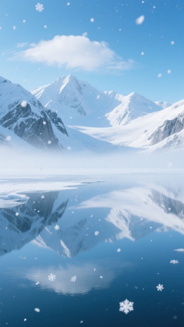 超写实摄影风格的雪山湖泊全景，纯净的湛蓝色渐变天空中飘着几朵轻柔的白云，远处连绵的雪山覆盖着厚厚的积雪，山体岩石纹理清晰可见，近处冰封的湖面平滑如镜，完美倒映出雪山与天空的景象，湖面上笼罩着一层淡淡的薄雾增添神秘感，无数晶莹剔透的雪花从空中缓缓飘落，有的轻盈地飞舞在山间，有的静静地落在冰面和雪山上，整体色调以纯净的蓝白为主，光影柔和，营造出宁静、圣洁而又略带梦幻的冬日氛围，构图采用对称美学与三……预览效果