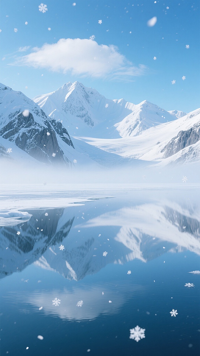 超写实摄影风格的雪山湖泊全景，纯净的湛蓝色渐变天空中飘着几朵轻柔的白云，远处连绵的雪山覆盖着厚厚的积雪，山体岩石纹理清晰可见，近处冰封的湖面平滑如镜，完美倒映出雪山与天空的景象，湖面上笼罩着一层淡淡的薄雾增添神秘感，无数晶莹剔透的雪花从空中缓缓飘落，有的轻盈地飞舞在山间，有的静静地落在冰面和雪山上，整体色调以纯净的蓝白为主，光影柔和，营造出宁静、圣洁而又略带梦幻的冬日氛围，构图采用对称美学与三分法结合，视觉引导线从湖面延伸至雪山之巅，画面细节丰富，质感细腻，氛围清冷而唯美。