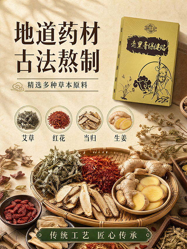 [第4屏] 详情页成分解析-地道草本药材古方传承。本屏使用【图1】作为右上角产品展示，保持外观一致。
[氛围/风格] 中式传统药草风，古朴自然，暖棕绿色调，商业摄影质感，突出草本原料的天然感。
[元素布局] 画面下半部分铺展多种草本药材实景：艾草、红花、当归、生姜等干药材摆放在竹制托盘上，散落几片干花叶；右上角放置产品包装盒；左上为标题区，中部有4个圆形药材图标横向排列；背景为仿宣纸纹理的米黄色。
[光影质感] 自然光从左上方斜射，药材纹理清晰，有自然阴影，整体温暖柔和，突出天然质感。
[配色色系] 全局底色 #F5E6C8 米黄宣纸色；主色棕褐#8B6914；辅助色墨绿#2D5016、土黄点缀。
[视角构图] 俯视平铺构图，药材铺满下半部分，产品在右上，标题在左上，阅读动线左上→右上→下方药材。
[文字版式] 左上主标题「地道药材 古法熬制」，副标题「精选多种草本原料」；中部4个圆形图标下分别标注「艾草」「红花」「当归」「生姜」；底部小字「传统工艺 匠心传承」；字体为宋体与黑体搭配，古朴清晰。
[比例分辨率] 3:4竖版比例，4K分辨率，文字清晰可辨，高清画质。
[负向提示词] 产品变形，药材不真实，水印，文字错乱，颜色偏差，西药片出现，医疗承诺用语。