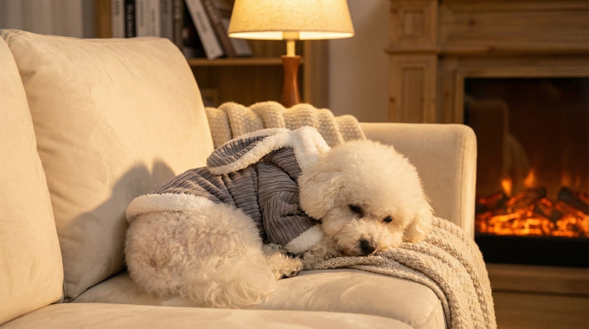 A fluffy white dog wearing the gray corduroy winter coat with bunny ears and white fur trim, lying c预览效果