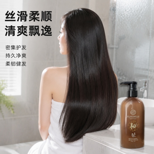 「图片1」，生成电商主图（5张），商品名称是颐丝恋颐养密集洗头液，卖点是密集护发，丝滑柔顺，清爽飘逸，持久净爽，柔韧健发，风格是清新风格，适配抖音平台，主图比例为1:1预览效果
