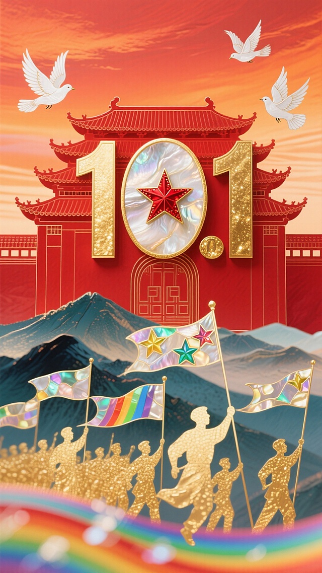 国潮风插画，鎏金剪影人物高举彩旗，背景天安门与山川辉映，金色“10.1”嵌红星，白鸽飞翔，喜庆政务感十足，浮雕质感彰显节日庄严。