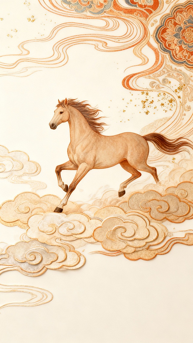 工笔风骏马踏云而行，融合国潮与鎏金元素，水彩晕染间尽显中式古典之美，梦幻唯美，优雅灵动。