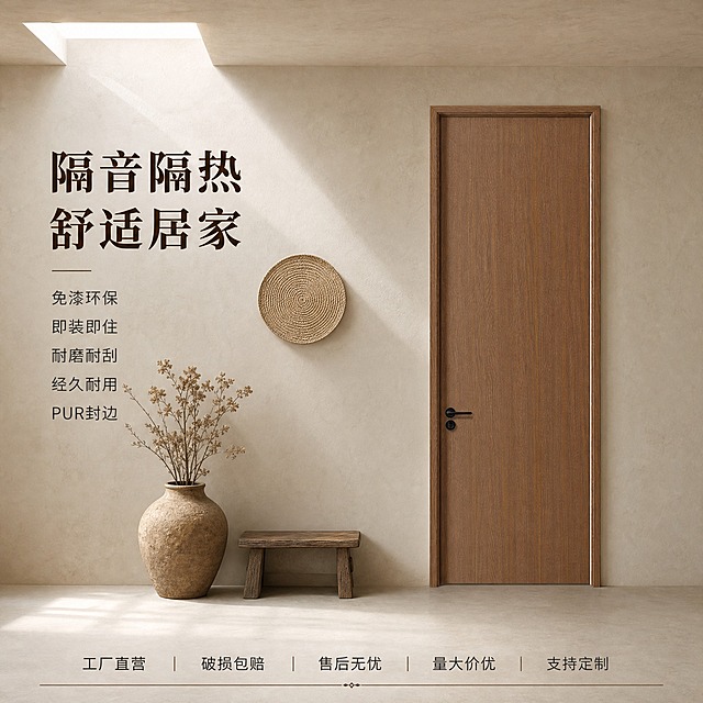 [主图-4] 原木色素面室内木门 侘寂风玄关电商主图。
[统一基调] 整体中式禅意风格，色调温润雅致，主色为木色与米白、深棕搭配，营造宁静致远的东方意境。标题字体为宋体/衬线体，深棕色主标题，米白色辅助文字，排版雅致不张扬。
[画面] 右侧为原木色素面室内木门，正面贴墙安装，门完整全部露出，不裁切不遮挡，门的外观、颜色、素面无纹饰、黑色门把手与输入产品图完全一致。左侧为侘寂风玄关背景，墙面为微水泥质感的米白色，地面是同色系微水泥，角落放着一个粗陶花瓶插着几枝干花，旁边有一个矮木凳，墙上挂着一个圆形编织挂饰，自然光从顶部天窗柔和洒下，整体空间极简质朴，充满禅意侘寂之美。门与墙面自然融合，有真实的接触阴影。
[光影质感] 商业摄影质感，柔和漫射自然光为主，主光从上方偏左照射，门表面原木纹理清晰自然，光影均匀柔和，体现原木材质的温润质朴，阴影浅淡柔和。
[配色] 主色调：原木色、米白色、浅灰色、干花棕色点缀。背景色为米白微水泥色，标题字色为深棕色，辅助文字为深灰色。
[文字版式] 左文右门版式，左侧上方为大标题「隔音隔热 舒适居家」，字体为宋体加粗，深棕色。标题下方依次排列卖点短句：免漆环保 即装即住 耐磨耐刮 经久耐用 PUR封边。画面底部横向排列服务卖点：工厂直营 破损包赔 售后无忧 量大价优 支持定制，字体较小，深灰色，底部有极细的深棕色装饰线条。所有文字清晰可读，不遮挡门主体。
[输出要求] 1:1正方形，2048x2048，2K高清，文字清晰无错字，门主体清晰完整，产品外观与输入图一致。负向：变形、错字、模糊、杂乱、水印、平台Logo、门被裁切、门把手错位、纹理错乱、悬浮感、人物面部。