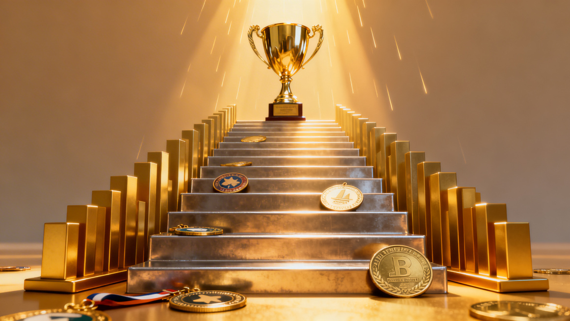 画面为向上延伸的金属阶梯，阶梯两侧摆放着代表业绩增长的金色柱状图摆件，阶梯顶端放置着闪耀的奖杯，暖金色光线从顶端洒落，阶梯上散落着代表付出的工作徽章、项目纪念币，整体风格明亮有质感，充满拼搏奋进的正向预览效果