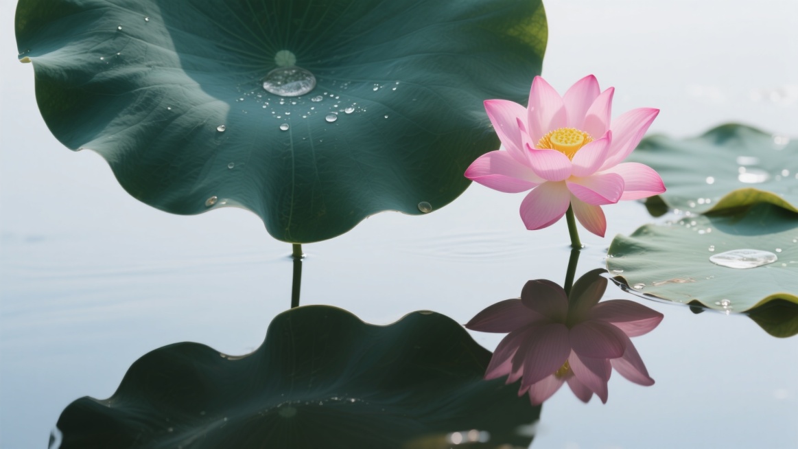 夏日池塘景观，写实摄影风格，画面留白50%，一朵盛开的粉色荷花位于画面右侧，花瓣层次分明，中心呈黄色，周围点缀着几片宽大的墨绿色荷叶，荷叶上带有晶莹的水珠，水面平静，倒映着荷花与荷叶的影子，整体色调清新自然，光线柔和，营造出宁静、淡雅的氛围。预览效果