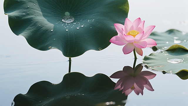 夏日池塘景观，写实摄影风格，画面留白50%，一朵盛开的粉色荷花位于画面右侧，花瓣层次分明，中心呈黄色，周围点缀着几片宽大的墨绿色荷叶，荷叶上带有晶莹的水珠，水面平静，倒映着荷花与荷叶的影子，整体色调清新自然，光线柔和，营造出宁静、淡雅的氛围。