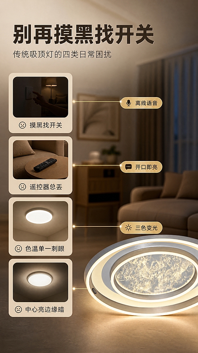 [商品] 使用【图1】M350 离线语音吸顶灯，正面微俯视角度，出现在画面右下区域，占比约35%。保留圆环形金属灯体、香槟金与银灰配色、中央椭圆导光板纹理和外形比例，仅做清晰化与光影融合，不改结构。
[画面] 目标：痛点直击并给出解决对应关系。左侧纵向堆叠四张浅米色圆角痛点卡，每张含简短场景缩略与一行痛点文字；一张昏暗客厅角落实景作为背景虚化；右侧下方为点亮的产品，用细金引线分别指向对应解决点标签。产品占约35%，场景占满铺但压暗。阅读动线由左上痛点向下，再引向右侧产品与标签。
[视觉] 套系策略：风格=现代简约家居实景商业摄影，高级质感；标题字=粗黑体无衬线；正文字=细黑体无衬线；主色=暖香槟金配米白；背景延展=基于米白与暖砂色做深浅层级、同色渐变和细腻墙面/木纹/布艺质感；强调色=亮金，仅用于小面积图标、引线和标签；标题色=深炭棕；正文色=暖灰；组件=圆角米白信息卡、细金引线、胶囊标签、大留白；光影=暖白柔光加灯体自身光晕。
[文字] 全部文字仅横向排版。主标题"别再摸黑找开关"；副标题"传统吸顶灯的四类日常困扰"；左侧四行痛点"摸黑找开关""遥控器总丢""色温单一刺眼""中心亮边缘暗"；右侧对应解决标签"离线语音""开口即亮""三色变光""导光板均匀光"。痛点卡在左，产品与标签在右下，互不遮挡。
[规格] 图片比例9:16竖版，4K，避免变形、错字、文字过小、竖排或旋转文字、冷蓝/蓝灰成为主色、灯体结构改变、出现二维码水印与第三方平台Logo。