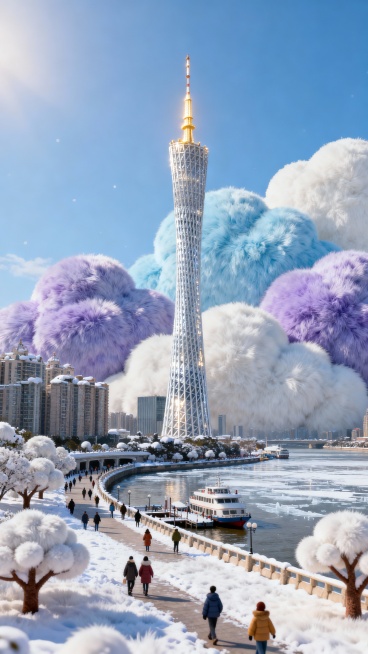 鸟瞰视角全景，冬日晴空下的广州塔矗立江畔，塔身银白亮面映着蓝天。珠江江面结薄冰，两岸建筑群覆着零星白雪，游船静泊码头，沿江步道有行人裹厚衣散步，暖阳洒在塔尖泛金光，现代都市与冬日清景交融。预览效果