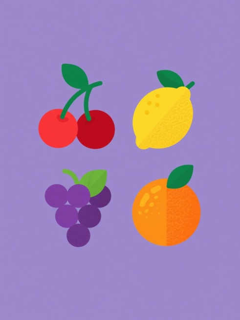系列水果图标设计，纯色背景，整体色彩变换，保持元素类目，同风格、同类目4个完全不同元素内容，规整排布。每个水果图标采用简洁的平面设计风格，轮廓线条平滑流畅，色彩鲜明饱满，无渐变和阴影效果。第一个图标为两个红色樱桃，带有绿色叶子和茎；第二个图标为黄色柠檬，带有绿色叶子和纹理；第三个图标为紫色葡萄，成串排列，带有绿色叶子；第四个图标为橙色橙子，带有绿色叶子和纹理。所有图标大小一致，排列整齐，背景为……预览效果