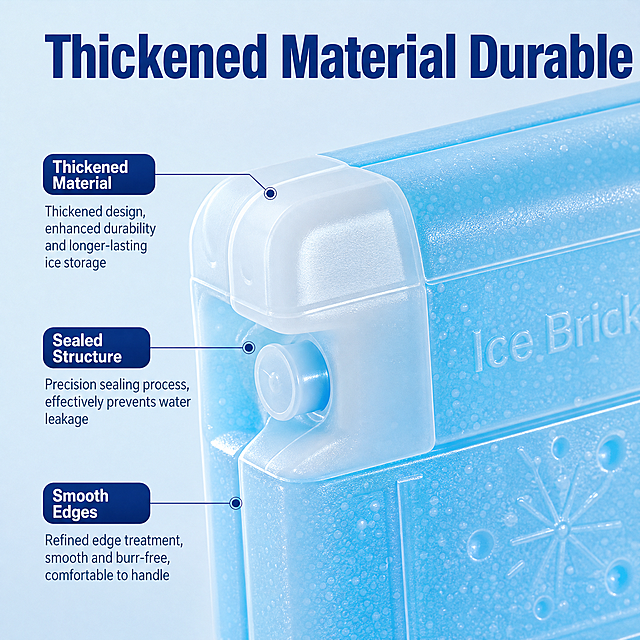 [Main Image 3] Material detail close-up of Rechargeable Ice Brick. Quality detail display, high-definition macro. Ultra-clear macro commercial photography, high resolution, sharp details. Close-up of ice brick edge and sealing structure, highlight thickened material and fine workmanship. Keep product material color consistent with original image, focus on local details, clearly display thickened plastic and smooth edges. Low saturation light blue background, clean picture. Side backlight, highlight product transparent texture and material thickness, clear detail outline. Light blue transparent product with light blue gradient background, overall cool uniform. Close-up front view, key area centered. Top large title "Thickened Material Durable", all text English, clear no detail occlusion. 1:1 2048x2048 2K resolution. Negative prompt: Deformation, blur, messy background, text occlusion, Chinese characters