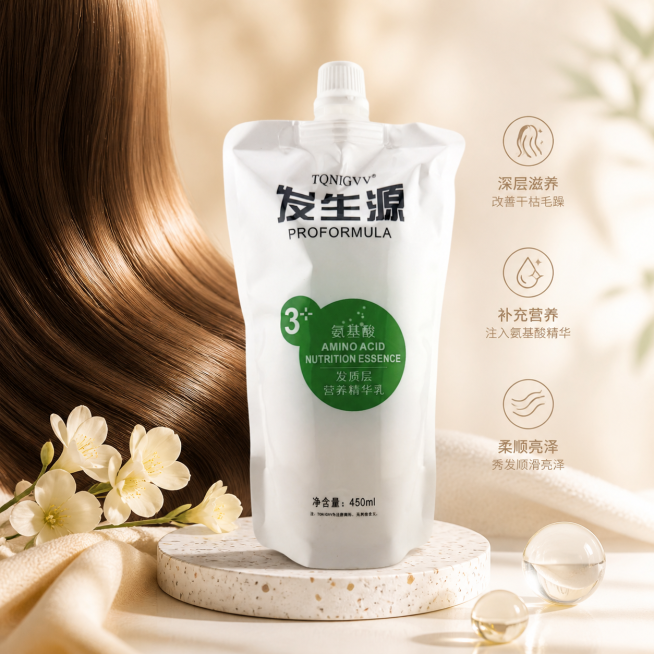 氨基酸发膜产品主图，护发滋养概念，温馨浅色系背景，搭配柔顺头发元素，1:1正方形，高端电商产品展示预览效果
