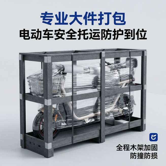 [主图主题] 托运物品细节展示
[氛围/风格] 简洁专业物流风格，清晰突出物品特点
[画面元素] 画面中心为电动车打包托运细节，电动车用缠绕膜和木箱加固打包，特写展示打包规范工艺，光影清晰突出打包细节预览效果
