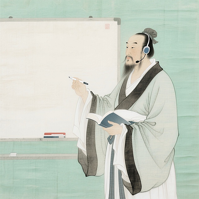 孔子（戴着现代教师耳麦，拿着白板笔和书），站在一块空白的小白板前，元素完整。主体淡绿色调