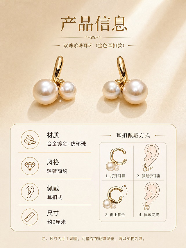 [商品] 使用【图1】【图2】双珠珍珠耳环（金色耳扣款）；保留完整结构、双珠形态、耳扣开合方式；清晰展示产品信息。
[画面] 第6张-规格信息，目标：产品参数与佩戴方式说明。上半部分耳环标准正面展示，两只耳环对称摆放在浅米色背景上；下半部分简洁规格信息卡，分区块标注材质、尺寸、佩戴方式等；右侧小图示展示耳扣佩戴方式；整体布局清晰有序。
[视觉] 套系策略：风格=精致轻奢商业珠宝摄影；标题字=纤细优雅衬线体；正文字=简洁无衬线体；主色=奶油香槟色；背景延展=基于奶油香槟做深浅渐变；强调色=暖金色；标题色=深金色；正文色=暖棕色；组件=圆角浅底信息卡、细金线引线；光影=均匀柔光，产品清晰。
[文字] 顶部主标题"产品信息"，下方信息卡：材质 合金镀金+仿珍珠，风格 轻奢简约，佩戴 耳扣式，尺寸 约2厘米。文字清晰手机端可读。
[规格] 图片比例3:4竖版，2K分辨率，避免文字模糊、耳环变形、塑料感、水印、冷蓝灰色调。