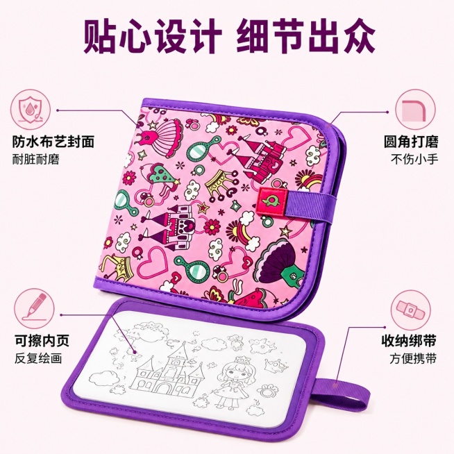 [第3屏] 结构解析-儿童涂鸦画板核心结构细节标注。本屏使用【图1】作为产品主体。
[氛围/风格] 清晰专业细节展示，简洁明了的产品解析风格。
[元素布局] 产品主体居中放置，使用细线引线标注四个核心预览效果