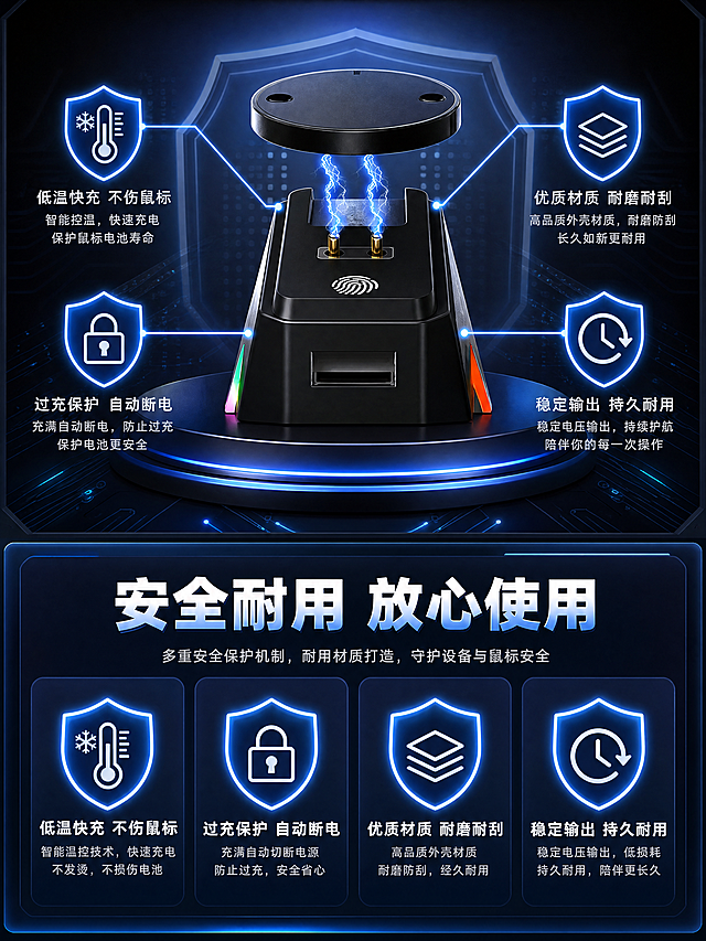 [商品] 使用【图2】白色磁吸鼠标充电底座功能展示图；保留底座结构、磁力充电闪电效果、底部功能图标矩阵；商品处理：将底座颜色调整回黑色为主（或保留白色作为多色款展示），增强安全保护相关的视觉元素，不改变结构和比例。
[画面] 目标：详情第7张-安全耐用保障，打消用户安全顾虑。构图：上下结构，上半部分为底座主体特写，周围环绕4个安全保护图标（盾牌、温度计、锁、时钟），用发光线条连接到底座各部位。下半部分为耐用性说明文字区。主体占画面45%，背景为深色科技感，带蓝色安全光效。
[视觉] 套系策略：风格=深色科技电竞风3D商业渲染；标题字=粗黑体无衬线；正文字=现代无衬线体；主色=深空黑；背景延展=基于深空黑做深蓝紫渐变、霓虹光带、粒子光斑和几何线条；强调色=科技蓝（安全页专用），仅用于盾牌、保护图标和安全光效；标题色=纯白+蓝色渐变描边；正文色=浅灰白；组件=圆角深色半透明安全卡、蓝色盾牌图标、发光连接线；光影=顶部柔光+蓝色安全光晕+产品轮廓光。
[文字] 顶部大标题"安全耐用 放心使用"，4个安全保障点："低温快充 不伤鼠标"、"过充保护 自动断电"、"优质材质 耐磨耐刮"、"稳定输出 持久耐用"。每个点配图标和简短说明。
[规格] 图片比例3:4竖版，4K，负向提示：避免变形、错字、文字过小、结构缺失、颜色改变、白底、模糊、材质失真。
