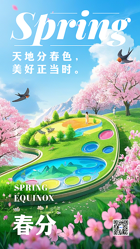 绿色3D春分节气春天调色盘C4D插画手机海报