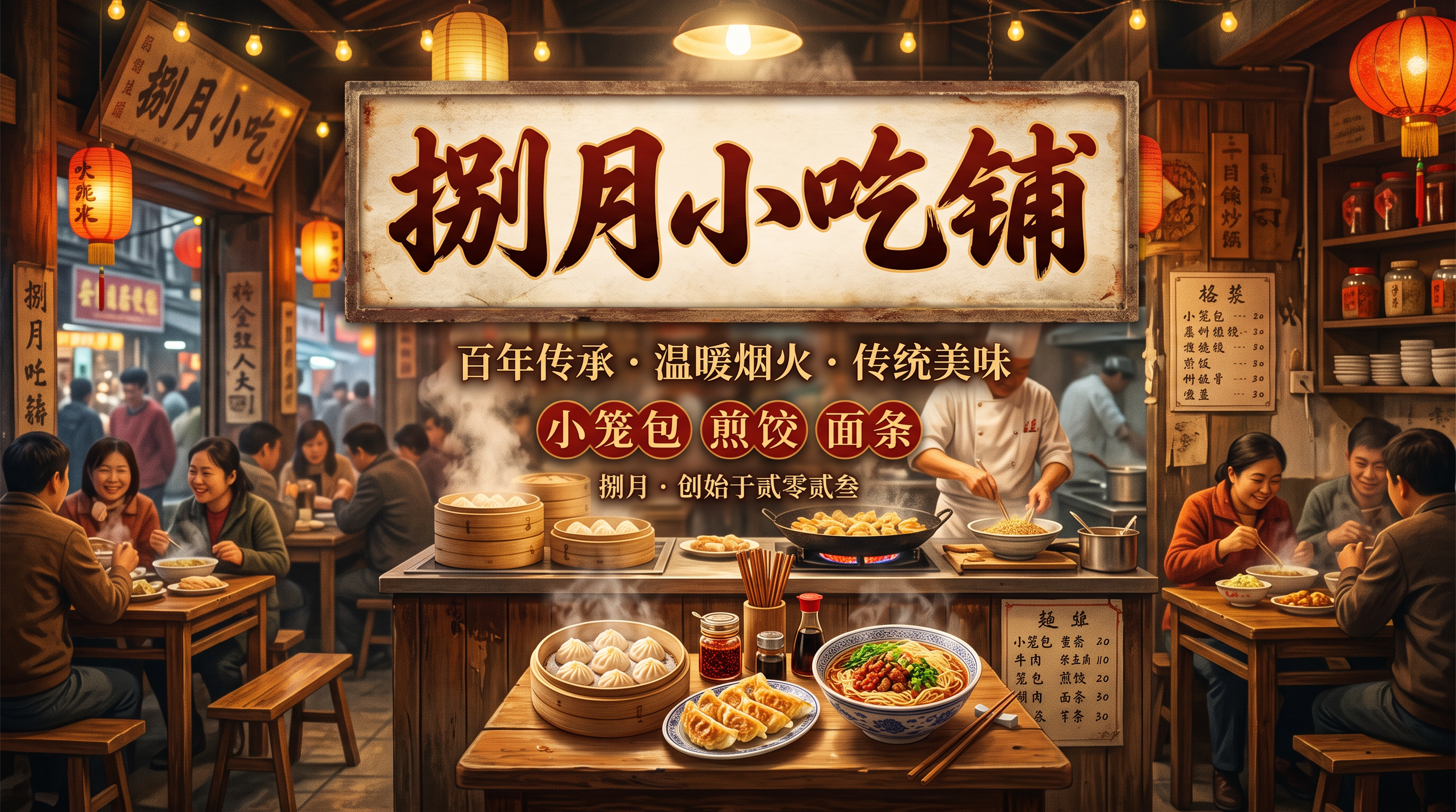 捌月小吃铺 横向海报，温馨烟火气的中式小吃店风格，画面中央有醒… - 图片创意预览
