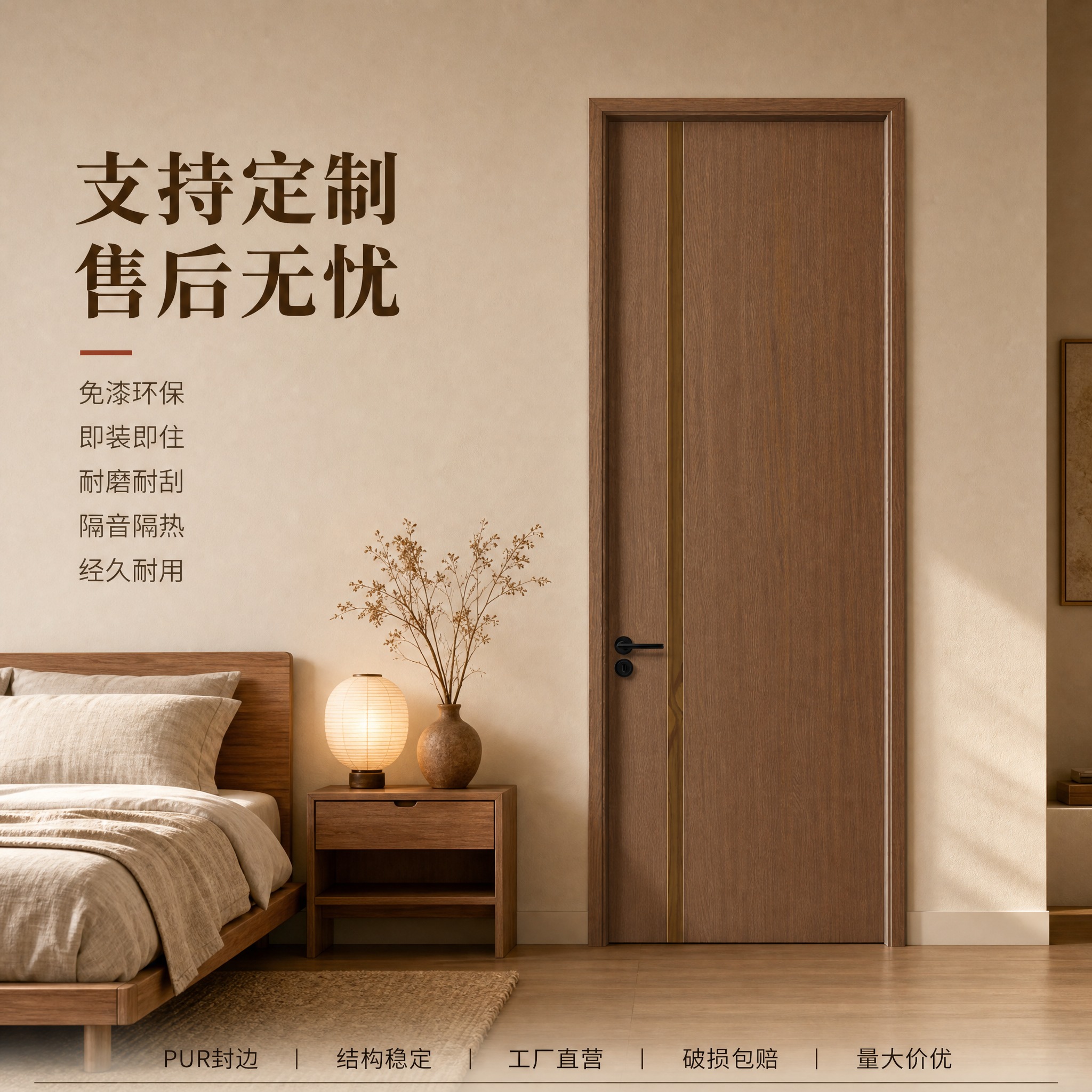[主图-6] 原木色金线装饰室内木门（左宽金线） 禅意卧室电商… - 图片创意预览