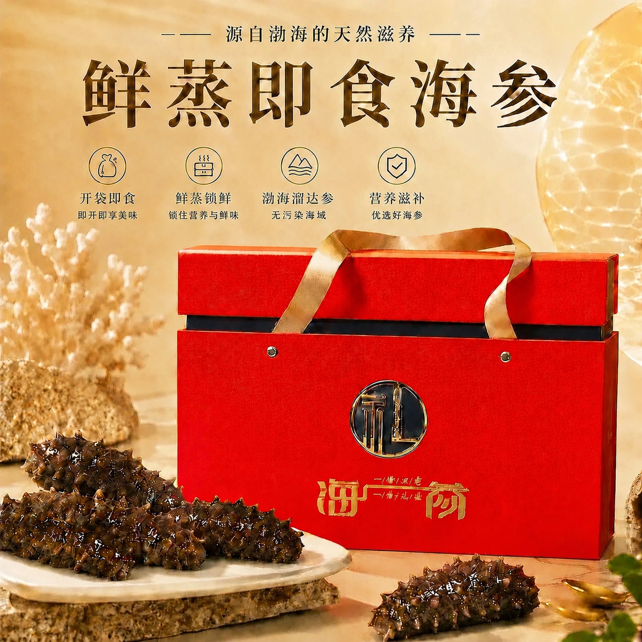 修改这张海参海报图片，将“渤海溜达参”下方的文字“16米深无污… - 图片创意预览