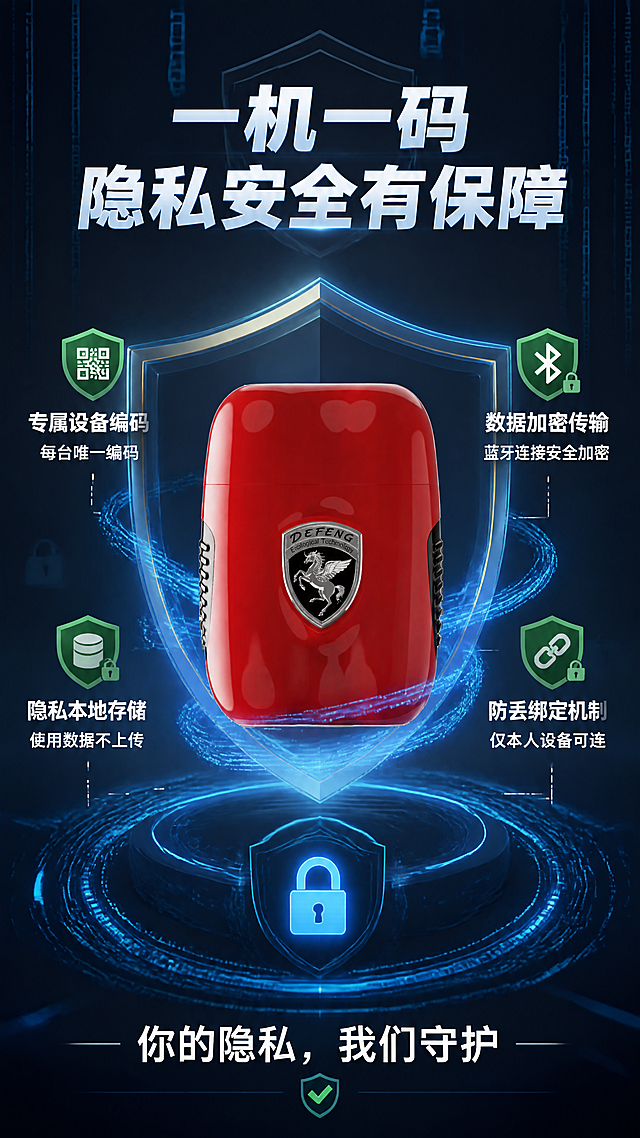 [第8张] 一机一码安全隐私防护页。本张使用【图5】作为产品主体（背面盾牌LOGO面）。
[氛围/风格] 安全科技风，盾牌防护意象，加密数字感，可信赖专业感。
[元素布局] 画面中心放置红色款剃须刀背面（带飞马盾牌LOGO），占比约40%；产品周围环绕数字加密粒子流和盾牌光效，象征安全防护；背景有二进制代码雨和锁形图标，强化隐私保护概念。
[光影质感] 产品正面受光，盾牌LOGO有金属高光；周围加密粒子带发光拖尾，盾牌光效从产品向外扩散。
[配色色系] 全局底色 #0F1A2E 深蓝黑；主色安全蓝；辅助色红色产品、金色盾牌、银色金属、绿色安全标识。
[视角构图] 中心产品环绕式防护光效，阅读动线从中心产品向外扩散到防护元素。
[文字版式] 顶部主标题「一机一码 隐私安全有保障」；产品周围分布4个防护点：「专属设备编码」每台唯一编码 「数据加密传输」蓝牙连接安全加密 「隐私本地存储」使用数据不上传 「防丢绑定机制」仅本人设备可连；底部文案「你的隐私，我们守护」。
[比例分辨率] 9:16竖版比例，4K分辨率，文字清晰可辨，高清画质。
[负向提示词] 产品变形，LOGO错误，盾牌图案偏差，水印，文字错乱，安全符号低俗。