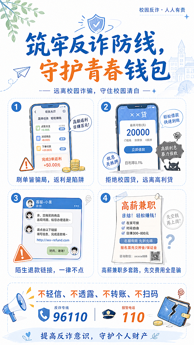 在原图基础上修改，纠正错字，将第二个诈骗模块的文字“暴力催败”修改为正确的“暴力催收”，其余所有文案、版式布局、配色风格均保持不变，原图是简约潮酷+清新治愈风大学生反诈宣传海报，主色调浅青蓝，辅助色浅橘色，底色纯白通透
