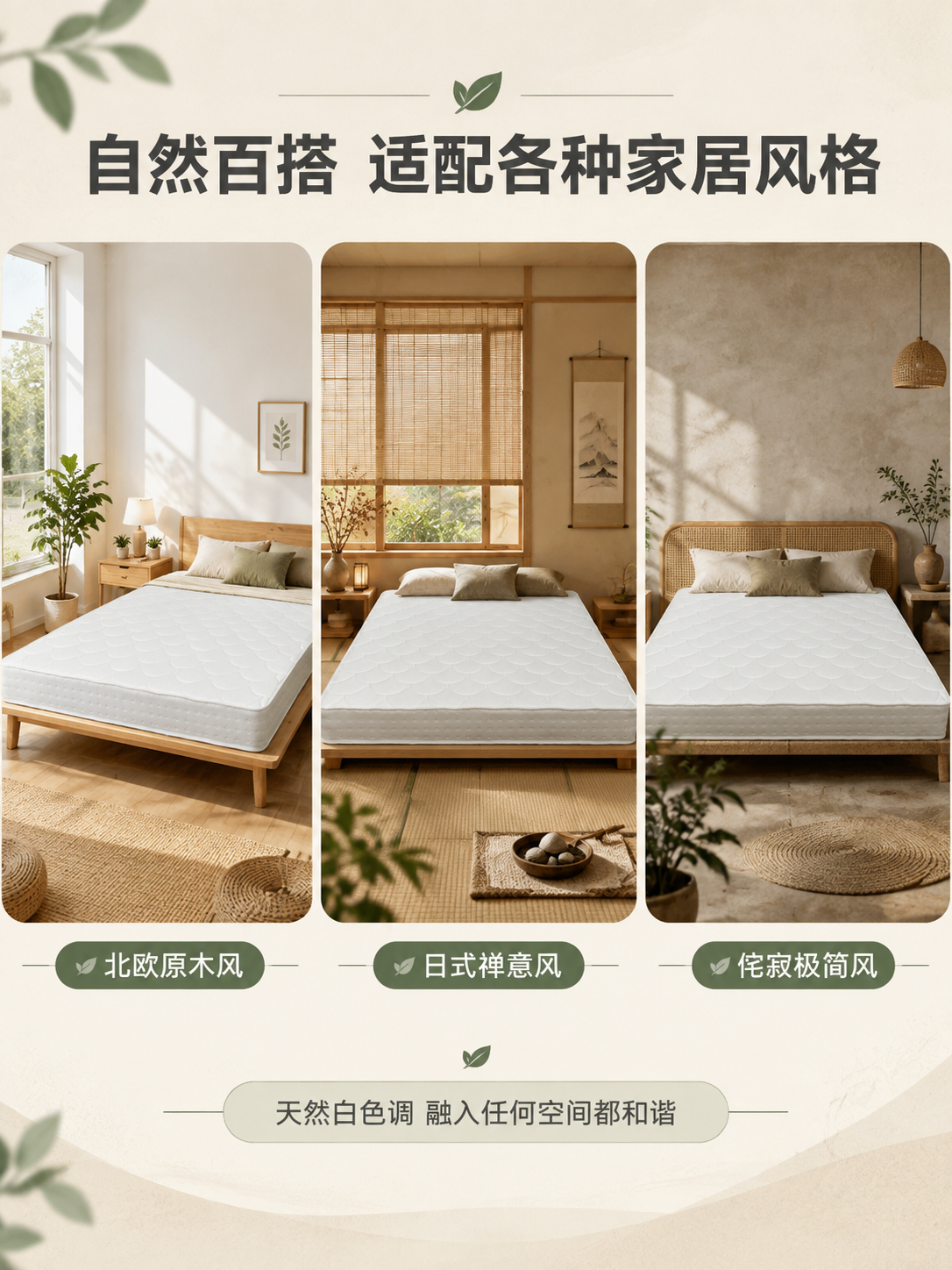 [详情页-第6张 多场景空间适配] 展示床垫在三种不同自然风格… - 图片创意预览