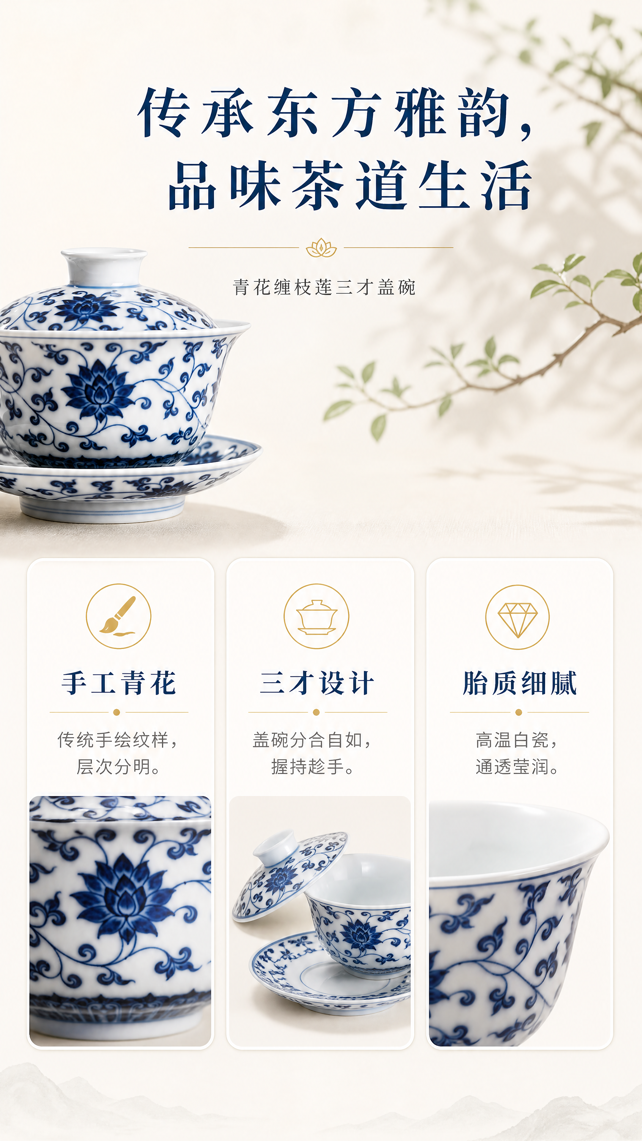 [第2屏] 核心卖点展示屏，青花缠枝莲三才盖碗东方美学卖点介绍… - 图片创意预览