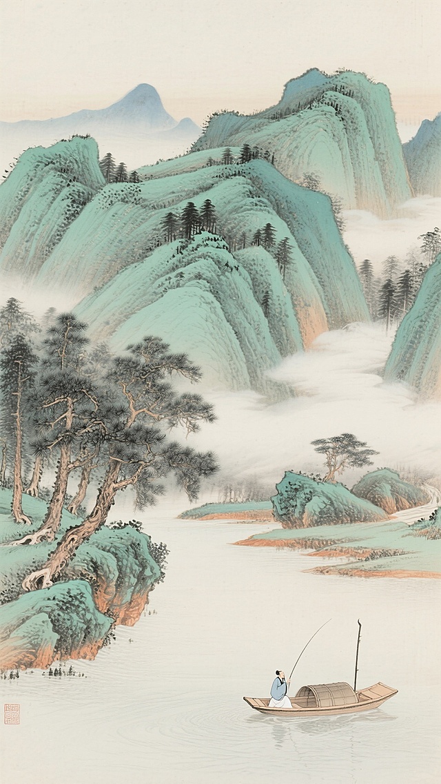 中国传统工笔青绿山水国画，以细腻勾勒与淡雅设色描绘山水景致，画面主体为层叠起伏的青绿山峦，山脚点缀苍劲挺拔的松树林，山间云雾缭绕营造空灵意境，近景水域中有一叶扁舟，舟上有身着古装的人物静坐垂钓，整体构图采用高远与深远结合的布局，色彩以石青、石绿为主色调，辅以赭石色渲染山脚与树干，线条流畅细腻，墨色浓淡相宜，呈现出宁静悠远、淡泊闲适的文人山水意境，具有典型的中国传统山水画韵味与审美特质。