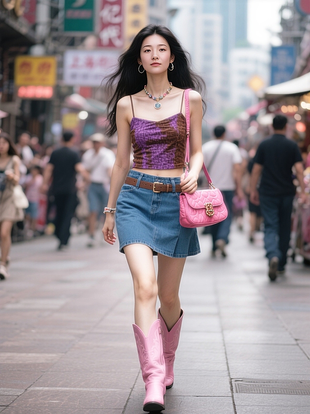 热闹的千禧年上海街头，女人（紫棕纹理吊带搭配蓝色半身裙，粉色中筒靴，千禧年配饰，玫红色复古腋下包）走在街头。大光圈虚化背景。