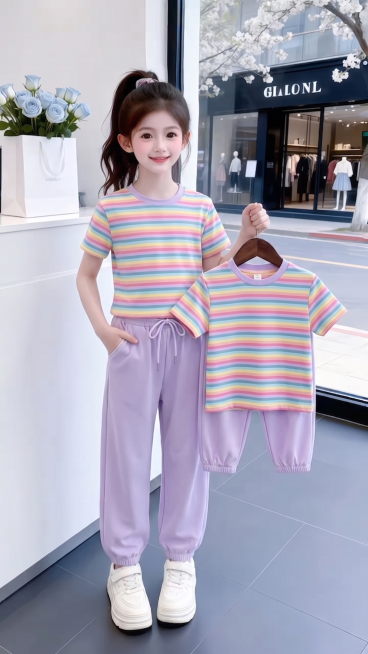 用图1短袖和裤子替换掉图2的模特身上穿的衣服裤子和模特手里衣架上挂着的衣服，保留原场景光影，保持图2的人物的五官和发饰不变，姿势不变，拍摄角度不变，模特的朝向不变，背景不变，图片宽高尺寸不变，保持预览效果