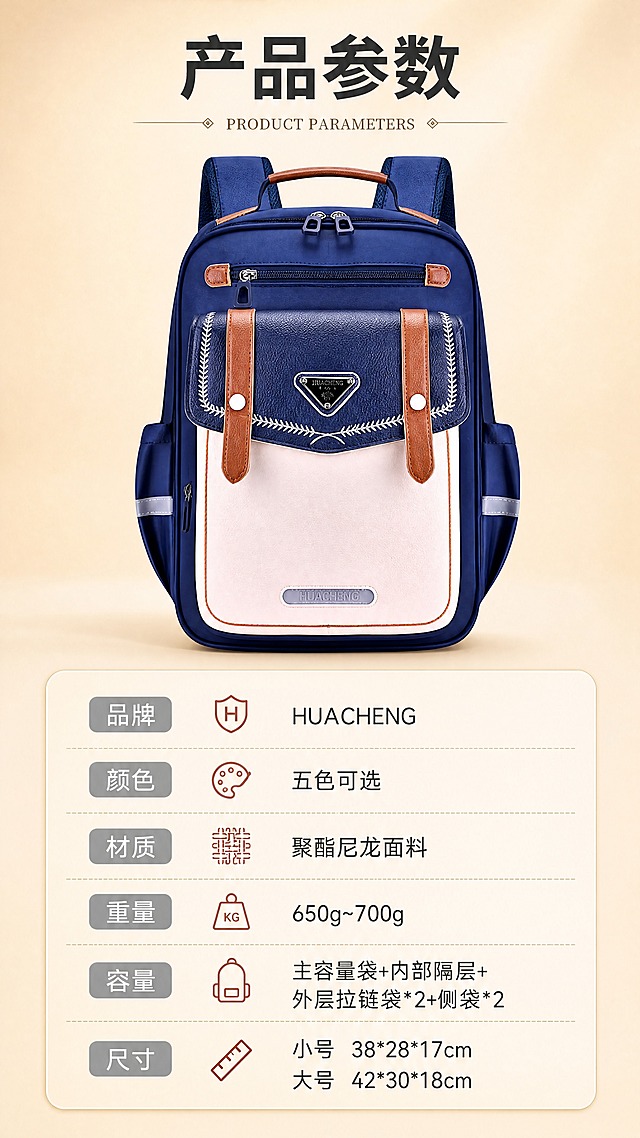 [商品] 使用【图2】宝蓝色小学生书包大号款；保留书包整体外观、颜色、结构、三角Logo等全部细节；增强面料质感。
[画面] 产品参数信息卡页，目标展示完整产品参数。上下构图，上方书包正面标准照占画面40%，下方参数信息卡以表格形式呈现详细参数。背景暖米色渐变，简洁清晰。
[视觉] 套系策略：风格=清新学院风商业摄影；标题字=粗黑体+衬线点缀；正文字=简洁无衬线黑体；主色=藏青蓝+暖米杏；背景延展=基于暖米杏做深浅层级、同色渐变和细腻哑光质感；强调色=砖红色，仅用于小面积标签、图标和引线；标题色=深炭灰；正文色=中暖灰；组件=圆角信息卡、胶囊标签、细线引线；光影=左前侧暖柔光，柔和阴影。
[文字] 顶部大标题「产品参数」；下方参数表：品牌-HUACHENG、颜色-五色可选、材质-聚酯尼龙面料、重量-650g~700g、容量-主容量袋+内部隔层+外层拉链袋*2+侧袋*2、尺寸-小号38*28*17cm/大号42*30*18cm；参数标签用灰色底圆角矩形。
[规格] 图片比例9:16竖版，4K分辨率，避免变形、错字、文字过小、冷蓝背景、书包颜色改变、版型失真、极限词。