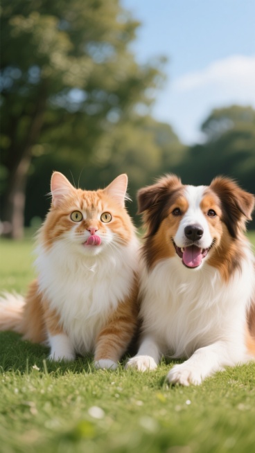 高清写实风格，一只橘白相间的长毛猫与一只棕白喜乐蒂牧羊犬并排趴在绿色草坪上，猫咪睁着圆溜溜的大眼睛吐着粉色舌头，狗狗耳朵竖起咧嘴微笑，阳光明媚，背景有模糊的树木和蓝天，整体色彩明亮柔和，光影自然，动物毛发纹理清晰可见，表情生动可爱，画面温馨治愈。预览效果