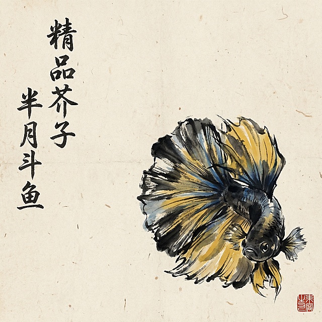 重新生成首图：整体换一种水墨构图，将泰国半月芥子斗鱼放置在画面右下侧，左侧大片留白题字，保留斗鱼原有的黑蓝黄芥子颜色和外形特征，采用大写意水墨风格，墨色干湿对比强烈，宣纸纹理质感突出。主图主题：芥子泰国斗鱼，首图点击率款，文字："精品芥子\n半月斗鱼"竖向书法字体在左侧留白，右下角红色小印章，1:1比例，2k分辨率