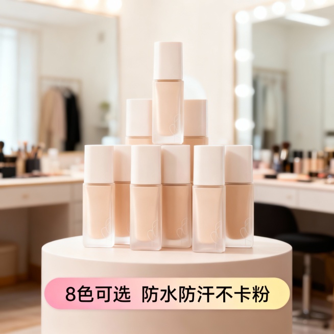 生成一张粉底液电商主图。复制多个粉底液堆叠在展台上，背景为虚化化妆间，自然打光。商品卖点 “持妆控油 自然服帖”。画面下方为粉黄渐变配色文本框，展示卖点信息 “8 色可选 防水防汗不卡粉”。预览效果