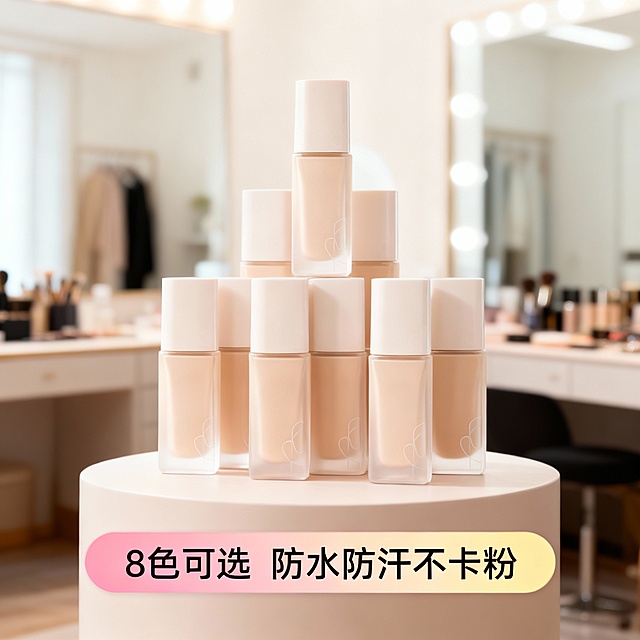 现代感与清新感交织，轻拟物风玻璃瓶身搭配极简主义陈列，柔和色调营造舒适氛围，实景感妆台背景强化时尚质感。