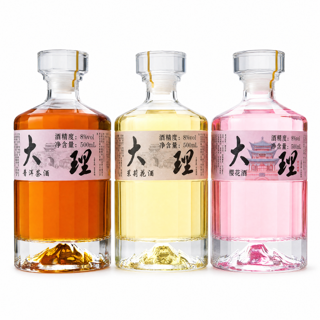产品精修，三瓶酒组合置于纯白背景上，1:1比例，专业商业棚拍光，5500K标准中性白光，轮廓光，体积光，曝光正确，强烈真实立体感；接地处保留干净浅淡的自然接触阴影，严禁大片投影、脏灰阴影和悬浮感；主体预览效果