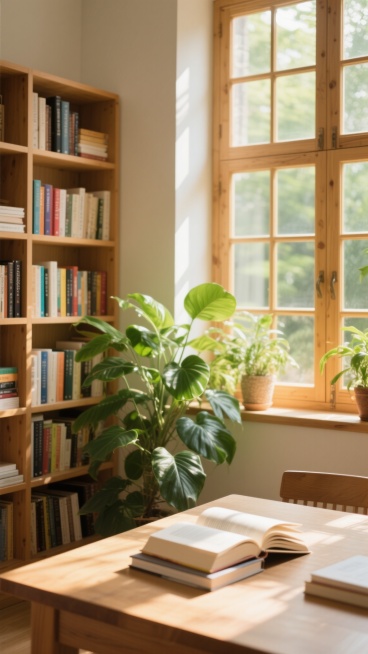 明亮温馨的书房背景，大面积的木质框架玻璃窗让温暖的阳光透过窗格形成清晰的光束洒入室内，窗台上和书架旁摆放着茂盛的绿色植物，叶片在阳光下呈现出透亮的质感，浅棕色木质书架上整齐排列着各种颜色封面的书籍，书架前的木质桌面上随意堆放着几本翻开的厚书，整体画面采用自然光摄影风格，色调以暖黄色和绿色为主，光影对比柔和，营造出宁静舒适且充满生机的阅读氛围，背景中没有人物，只有书架、窗户、植物和书桌构成的静谧……预览效果