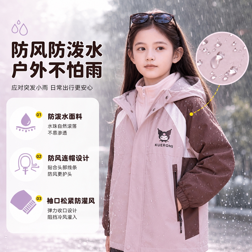 [商品] 使用【图2】浅粉拼深棕女童三合一冲锋衣；商品处理：保… - 图片创意预览