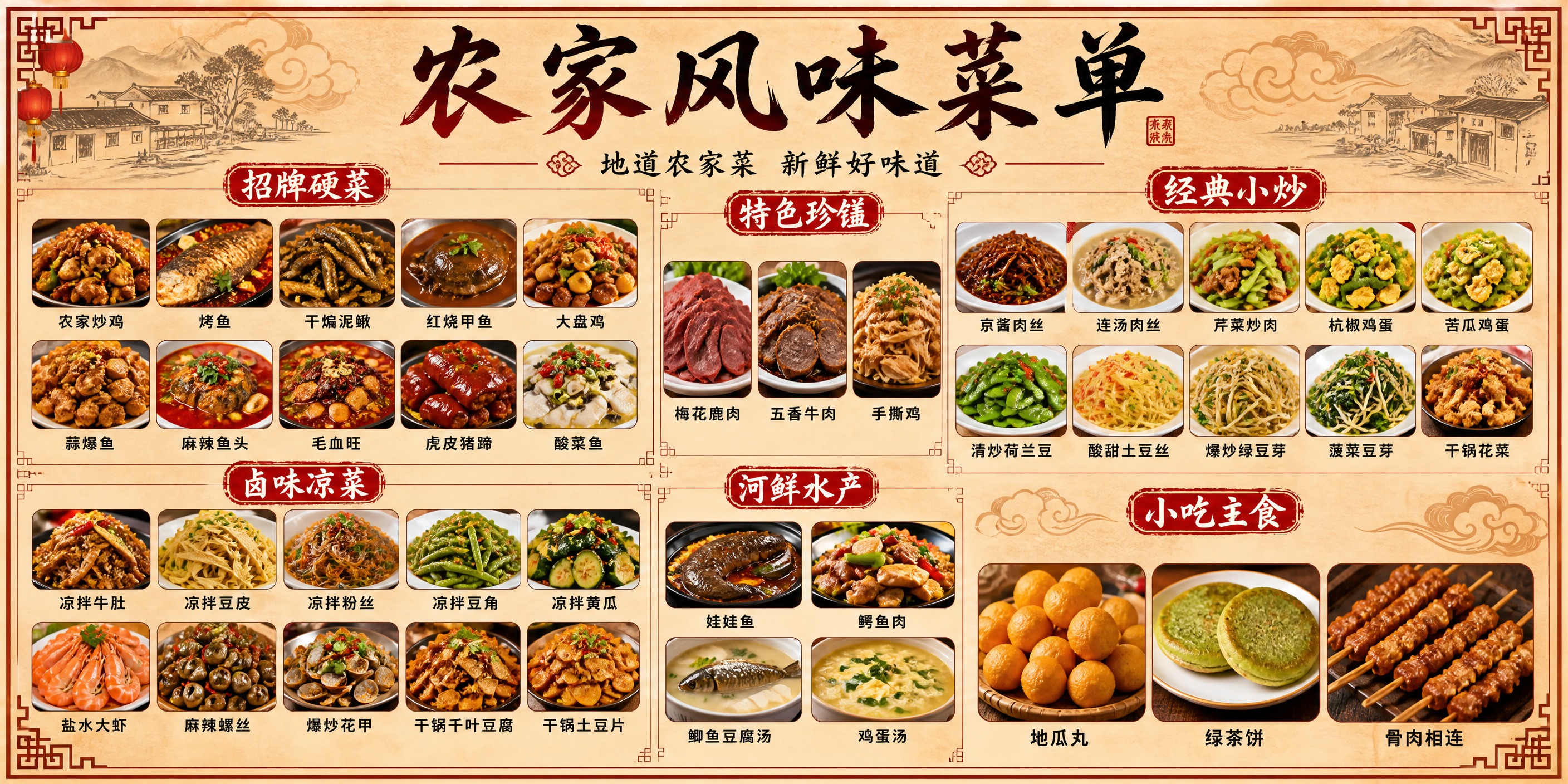 一张240x120厘米横版的中式农家餐厅菜单海报，国潮暖色调风… - 图片创意预览