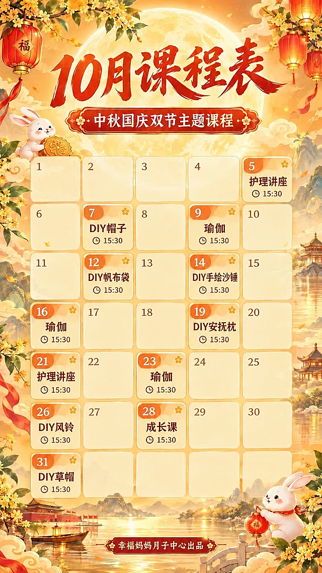 将图片底部的文字"月子中心出品"修改为"幸福妈妈月子中心出品"，保持字体风格、颜色、大小、位置和背景装饰完全一致，其余画面内容不变