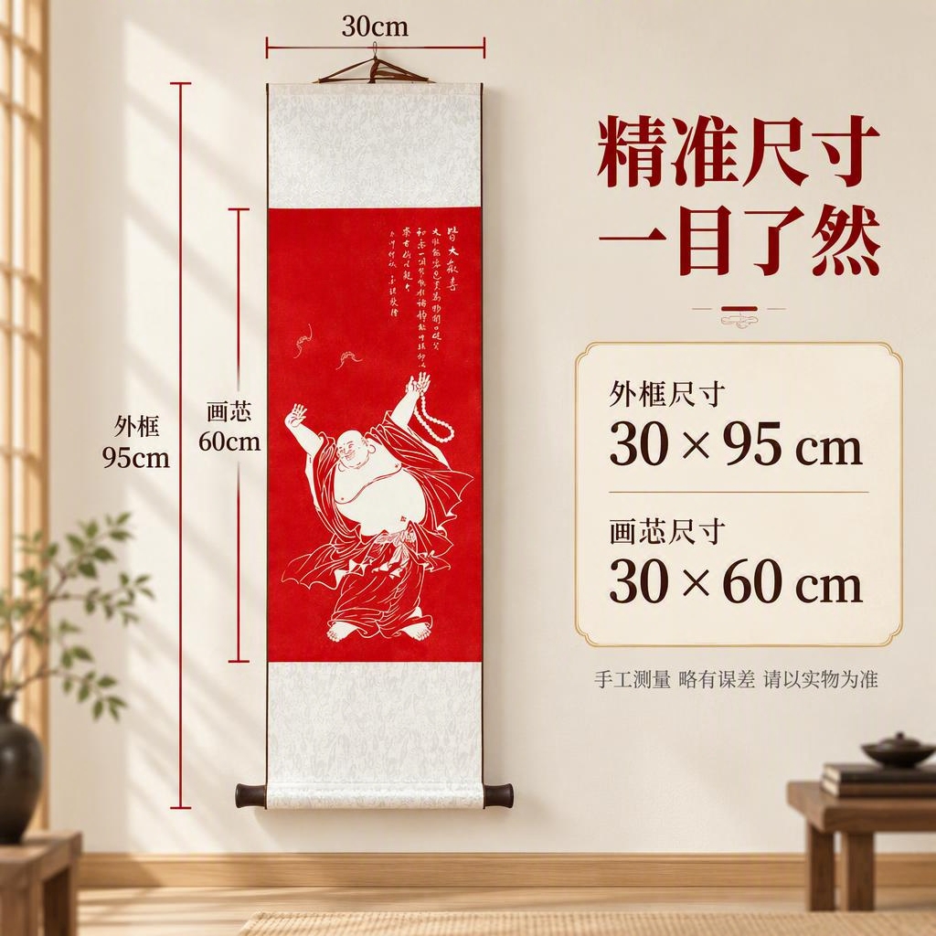 [主图-4] 尺寸信息图，清晰标注弥勒佛卷轴挂画的外框尺寸和画… - 图片创意预览