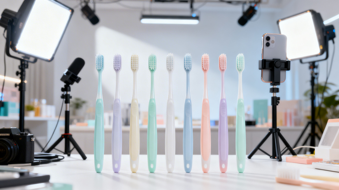 直播间场景，背景是明亮的直播带货背景，有补光灯、直播手机支架等设备，前景摆放着十支整齐的软毛牙刷，牙刷颜色清新，质感柔软，整体画面干净通透，有促销氛围，适合牙刷产品直播展示预览效果