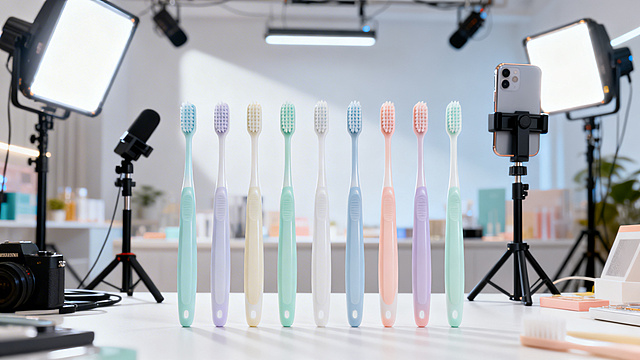 直播间场景，背景是明亮的直播带货背景，有补光灯、直播手机支架等设备，前景摆放着十支整齐的软毛牙刷，牙刷颜色清新，质感柔软，整体画面干净通透，有促销氛围，适合牙刷产品直播展示