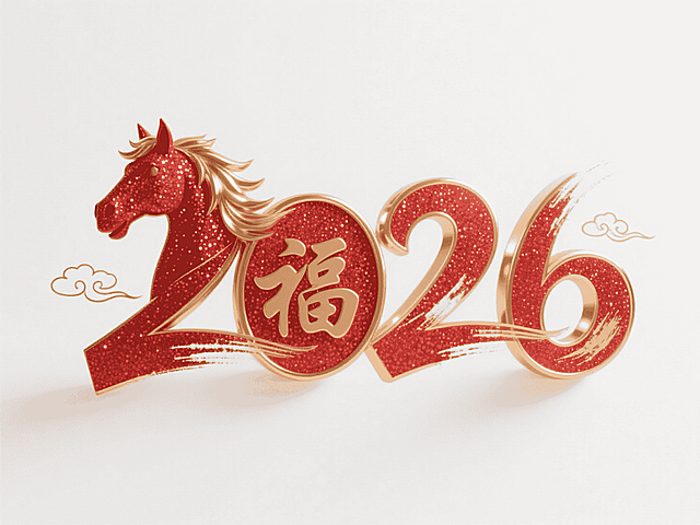 “2026” 立体艺术字，连贯的装饰性字体：首个数字 “2” 融合为红色马首，数字 “0” 内部嵌入 “福” 字，纯白色平面背景中，红色闪粉与金色金属的材质；金色用于马首鬃毛、字边缘带有金色立体描边，数字表面叠加毛笔笔触纹理，周围点缀细线金色祥云装饰