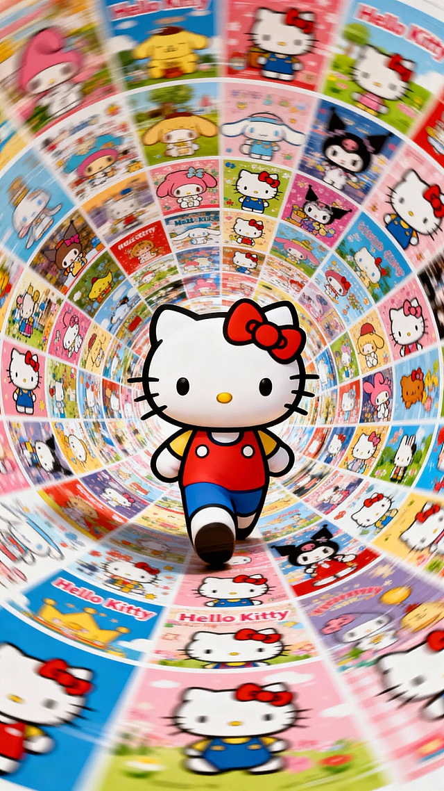 画面中有许多经典三丽鸥场面呈螺旋状排列，hello kitty在旋转的海报中行走。固定聚焦在他身上，周围呈现朦胧模糊、涂抹、拖影的效果。