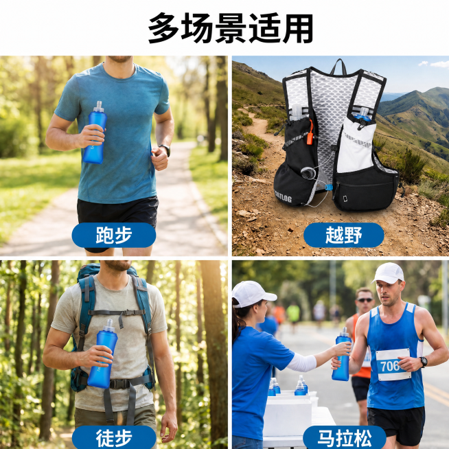 将原图右上角越野板块替换成第二张图的越野背包内容，保留原图整体构图、标题'多场景适用'和'越野'标签不变；同时将第二张图中水壶的绿色边缘修改为蓝色预览效果